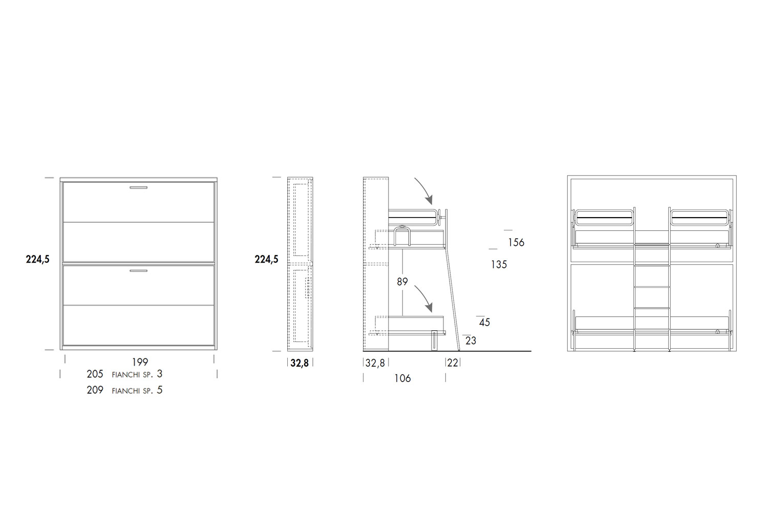 Nikai horizontal pull down bunk bed