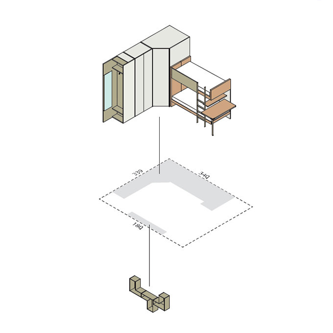 Schema dimensionale di una cameretta angolare con grande armadio e letto a soppalco