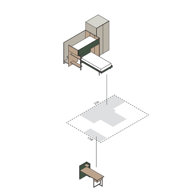 Schema dimensionale di una cameretta con letto a soppalco e scrivania