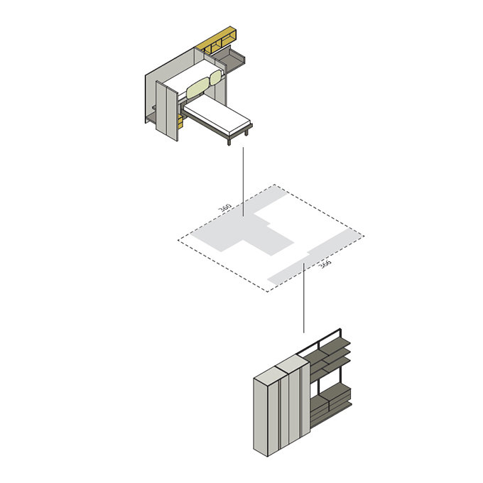 Schema dimensionale di una cameretta con letto a soppalco e cabina armadio aperta