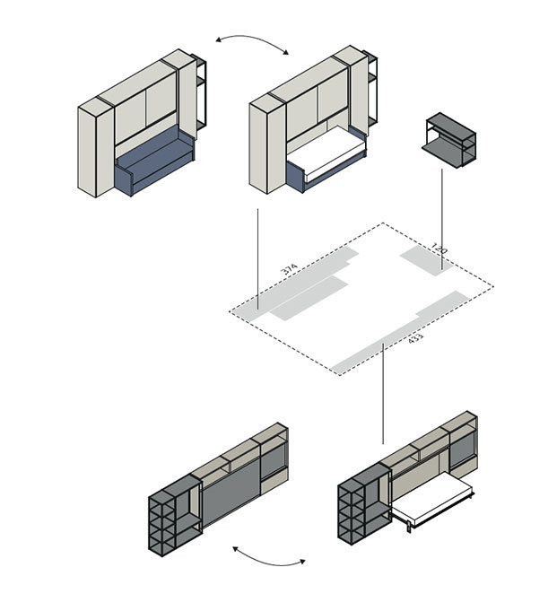 Schema d'esempio con gli ingombri di una composizione completa di letto orizzontale richiudibile