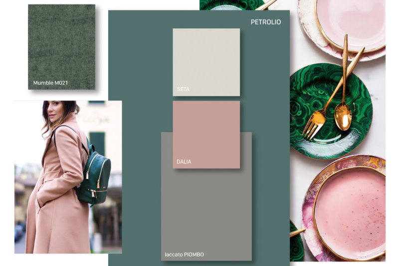 Moodboard di Clever con verde petrolio, rosa antico, grigio piombo e tessuto verde